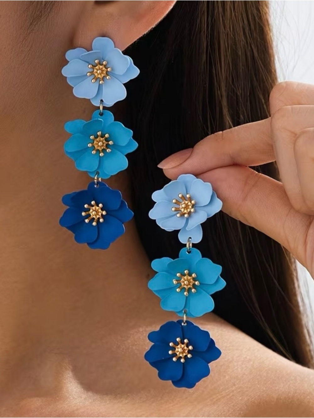 Blue Ombre 3D Floral Triple-Drop Earrings